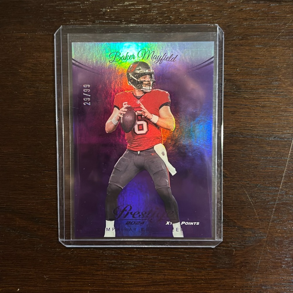 Baker Mayfield Prestige 2024 Extra points purple refractor numbered card 29/99